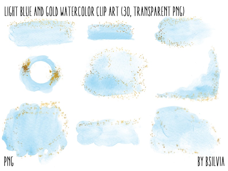 Light Blue and Gold Watercolor clipart, transparent PNG, Gold clip art, watercolor transparent clipart, watercolor splashes clip art image 1