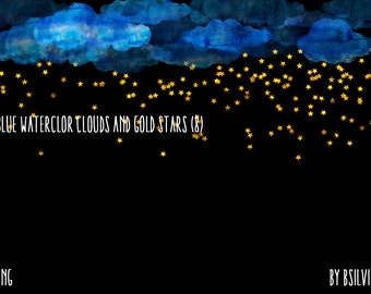Blue Watercolor Clouds and Gold Stars, Digital Gold Stars Confetti, Gold Stars Digital Confetti, 12x12 Photoshop Overlay, Commercial Use