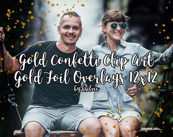 Gold Confetti Clip Art, Gold Foil Confetti Overlays 12x12, Confetti Photo Overlays, Stars Confetti, Confetti Borders, Digital Confetti