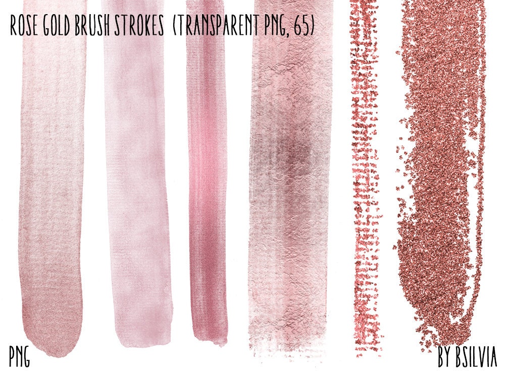 Rose Gold Brush Strokes, 65 Clip Art Overlays, Transparent PNG, Rose