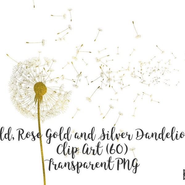 Gold, Rose Gold and Silver Foil Dandelion Clip Art, Gold Dandelion Clipart, Gold Dandelion Seeds, RoseGold Dandelion Seeds, Silver Dandelion