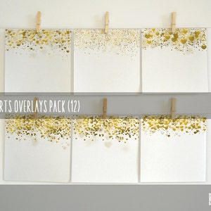 Gold Hearts Overlays, Digital Gold Hearts Overlays Pack 12, Gold Foil Hearts, Metallic Hearts Photo Overlays, Commercial Use image 1