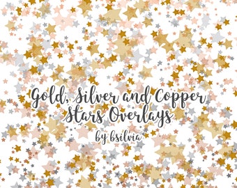 Gold, Silver and Copper Stars Overlays, Digital Overlays Pack (12), Gold Stars, Silver Stars, Copper Stars, Metallic Stars Photo Overlays