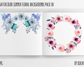 Watercolor Summer Floral Backgrounds with Text Space, Watercolor Flowers Paper Pack, Watercolor Flower Digital Paper, Floral Bloom Paper