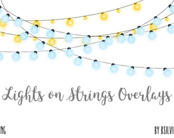 Lights on Strings Clip Art Overlays, Transparent PNG files, Garden Lights Clip Art, Garden Lights Photo Overlays set of 14, Commercial Use