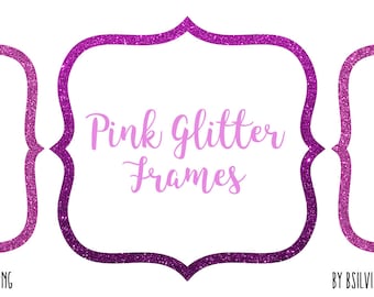 Pink Glitter Frame Clipart, Pink Glitter Border Clipart, Digital Pink Label Clip Art, Glitter Banner, Digital Scrapbooking Pink Frames