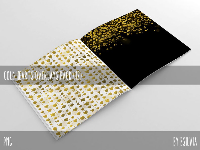 Gold Hearts Overlays, Digital Gold Hearts Overlays Pack 12, Gold Foil Hearts, Metallic Hearts Photo Overlays, Commercial Use image 4