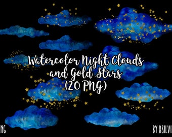 Watercolor Night Clouds and Gold Stars Clipart, Transparent PNG, Gold Stars Clip Art, Watercolor Clouds Transparent Clipart, Commercial Use