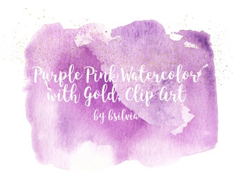 Pink Purple Watercolor and Gold Clip Art, Transparent PNG, Watercolor Transparent Clip Art, Watercolor Clip Art, Commercial Use