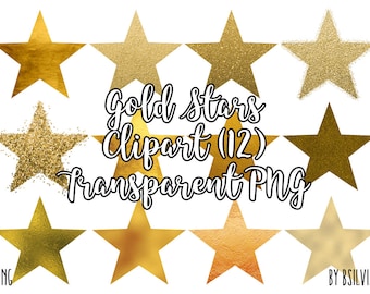 Gold Stars Clipart, Sparkly Glitter Gold Stars Transparent PNG, Gold Foil Clip Art Stars, PNG Gold Stars, Digital Clipart, Commercial Use