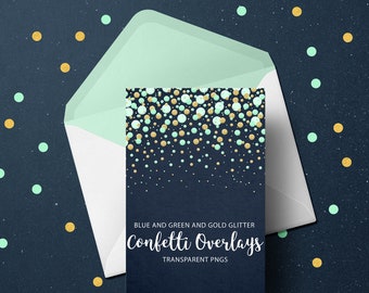Blue, Green and Gold Glitter Confetti Overlays, Transparent PNG files, Confetti Overlays, Blue Confetti Photo Overlays, Green Confetti