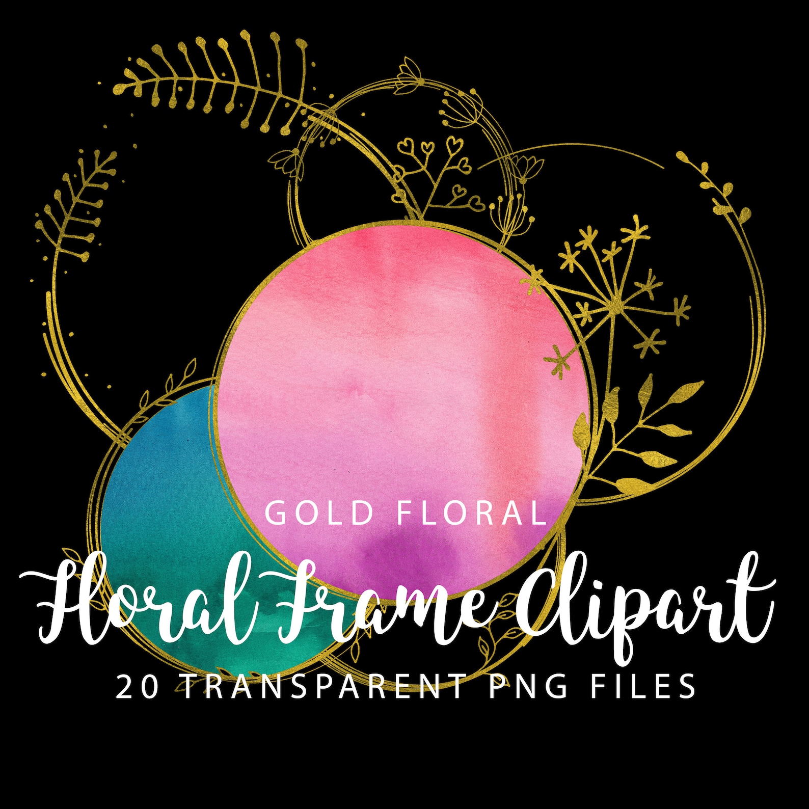 Gold Foil Floral Frame Clipart, Gold Border Clipart, Digital Gold