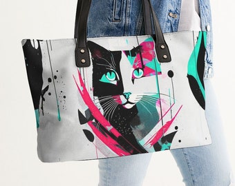 Stylish Tote Chic Feline Abstract Art Tote Bag Modernist Meow Collection - Embrace Bold Style: Grab Your Abstract Cat Art Tote Today!
