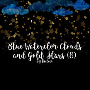 Blauwe aquarel wolken en gouden sterren, digitale gouden sterren confetti, gouden sterren digitale confetti, 12 x 12 Photoshop-overlay, commercieel gebruik