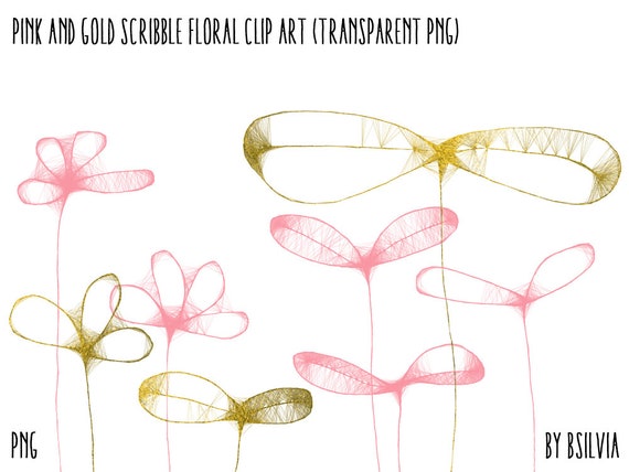 Scribbled Flowers Clip Art Floral Transparent PNG Pink and Gold Scribble Floral Clip Art Pink Floral Clip Art Gold Foil Floral Clip Art