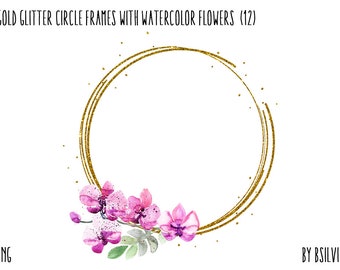 Gold Glitter Circle Frames with Watercolor Floral Clipart, Gold Glitter Photo Frames Clipart, Digital Gold Clip Art with Watercolor Flowers