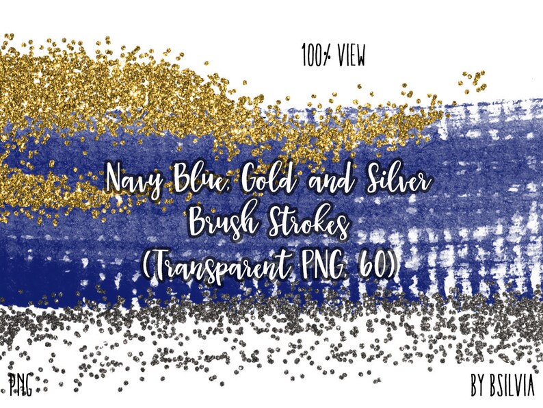 Commercial Use 60 Clip Art Brush Strokes Transparent PNG Digital Paint Brush Strokes Gold and Silver Brush Strokes Navy Blue