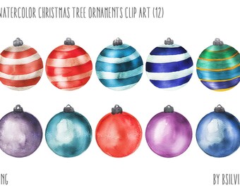 Watercolor Christmas Tree Ornaments, Watercolor Christmas Tree Bulbs Clip Art, Watercolor Christmas Tree Ornaments PNG files