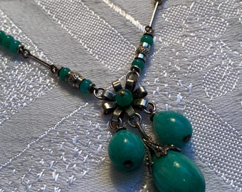 Collier Sautoir Vintage Louis Rousselet Années 1960 - Perles En Pâte De Verre Verte - Art Déco