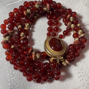 Carnelian Stone Bead Triple Strand Twisted Necklace, 80’s Era