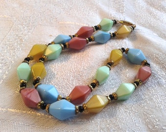 Vintage 50's, Harlequin Glass Bead Necklace, Multicoloured Satin Glass Beads.