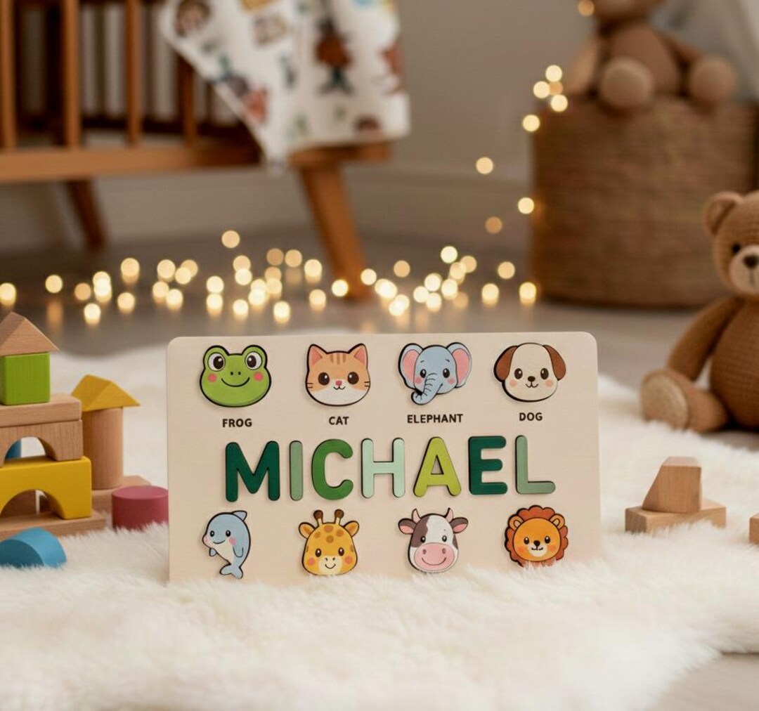 Personalized Name Puzzle, Montessori Wooden Animal Toy, Baby Gift, 0-3 ...