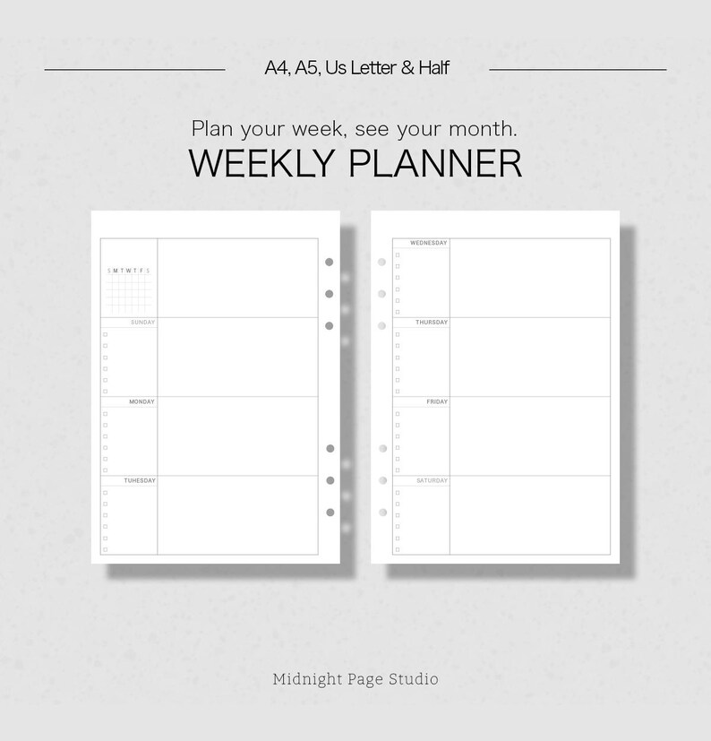 Undated Weekly Planner Printable | A5, A4, Half, US Letter Inserts ...