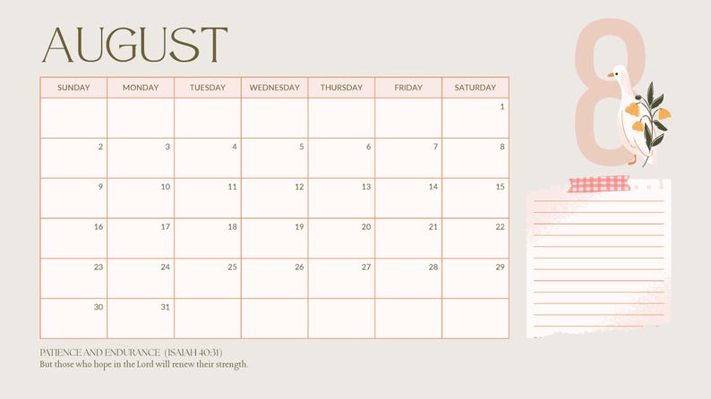 August Notepad 2026 Calendar Printable • Goose Themed Planner • Whimsical Feminine ...