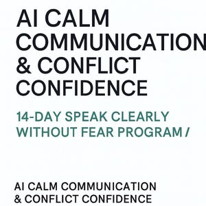 Può includere: Grafica promozionale con testo su sfondo bianco. Il testo include "AI CALM COMMUNICATION & CONFLICT CONFIDENCE" in grassetto nero e grande. Testo aggiuntivo in verde acqua che recita "14-DAY SPEAK CLEARLY WITHOUT FEAR PROGRAM /".