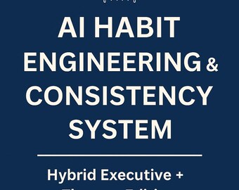 Puede incluir: Gráfico azul marino con texto blanco y un icono de chip de IA blanco. El texto dice "AI HABIT ENGINEERING & CONSISTENCY SYSTEM" con "Hybrid Executive + Therapy Edition" y "50-Page Workbook + AI Coaching" debajo.