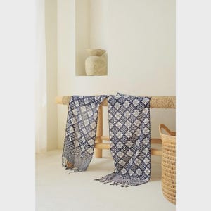 Kawung Parang XO Batik Scarf – Cotton Paris Shawl, Indonesian Heritage Blue White Lightweight Scarf