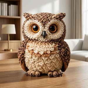 May include: A crocheted owl figurine featuring a textured body in shades of brown and cream. The owl has large, round, glossy orange eyes with black pupils and a small, pointed black beak. The yarn work creates a detailed feather pattern.