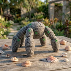 May include: A gray crocheted crab toy with a rounded body and four articulated legs. The crab features small, bright green embroidered circular accents on its body and legs, and it is positioned on a wooden surface surrounded by various seashells.