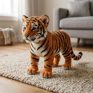 Può includere: Una statuetta di cucciolo di tigre all'uncinetto. La tigre fatta a mano ha strisce arancioni e nere, dettagli bianchi e tratti del viso dettagliati. La tigre è in piedi su un tappeto di colore neutro. La tigre misura circa 25 cm di lunghezza e 15 cm di altezza.