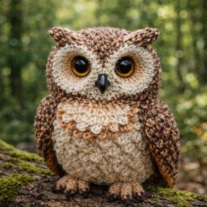 May include: A handmade crochet owl with large, expressive eyes. The owl is crafted with brown, beige, and tan yarn, showcasing a detailed design. The owl is perched on a tree branch, highlighting its textured, handmade appearance. The owl's eyes are a striking orange and black.