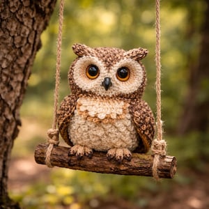 May include: A handcrafted crochet owl with large, expressive eyes sits on a wooden swing. The owl features brown and beige yarn, with detailed stitching. The swing is suspended by rope, set against a blurred green and brown background.