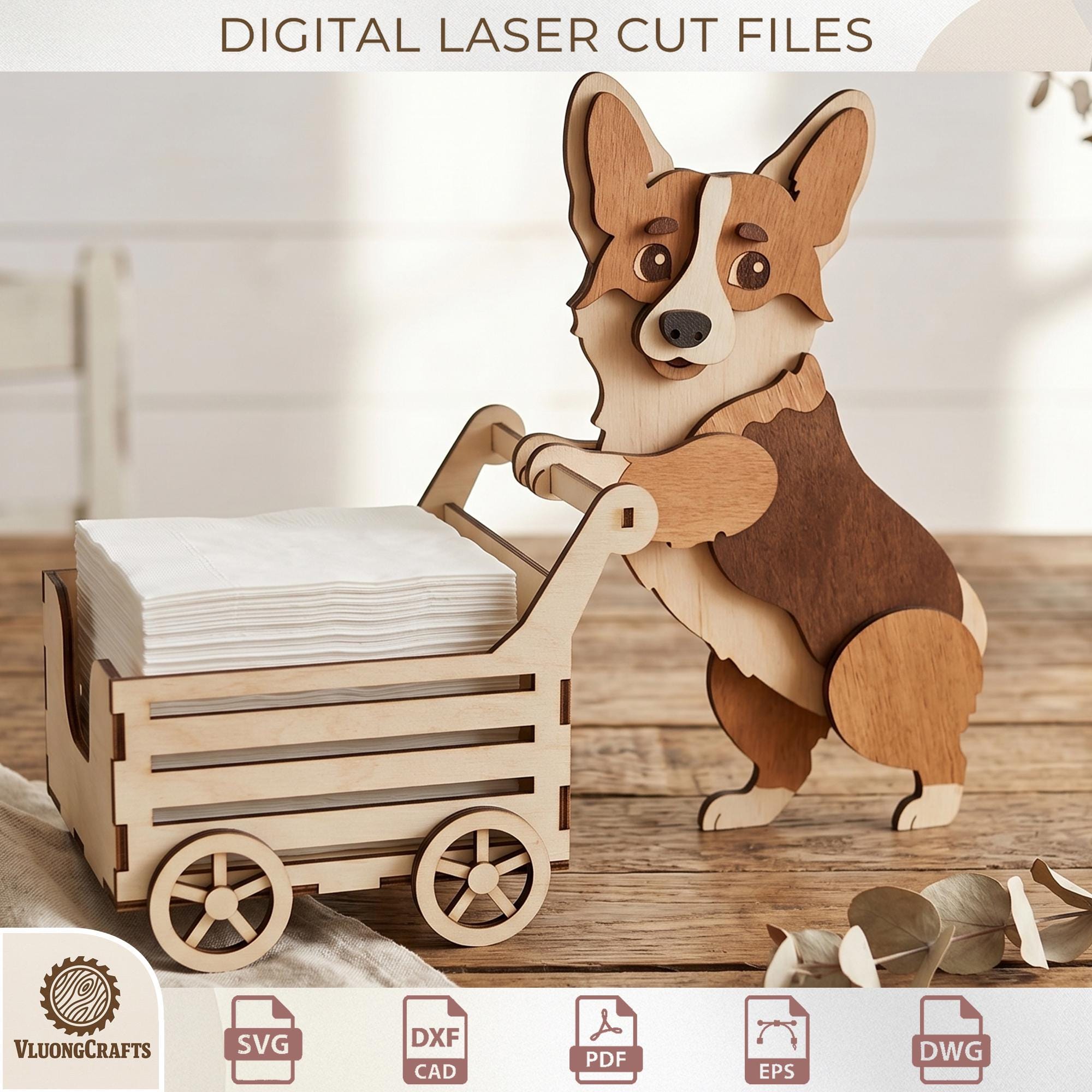 おもしろ動物ナプキンホルダー レーザーカットバンドル、木製カート