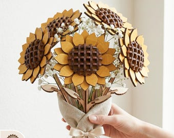 3D Sunflower Bouquet Laser Cut File, Wooden Flower SVG for Mother's Day Gift
