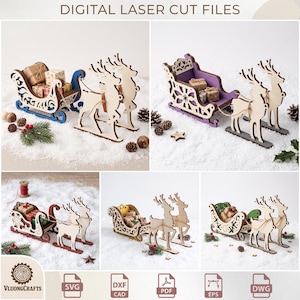 Könnte beinhalten: Digitale Lasercut-Dateien für ein Set aus einem Holzschlitten und zwei Rentieren. Der Schlitten verfügt über filigrane Ausschnitte und enthält kleine Geschenkboxen. Es werden verschiedene Farbvarianten gezeigt, darunter Blau, Lila, Rot, Gelb und Grün.