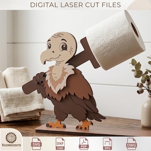 May include: A wooden vulture-shaped toilet paper holder. The bird is brown, tan, and beige, holding a roll of white toilet paper. The text "DIGITAL LASER CUT FILES" is at the top. The logo "VluongCrafts" is at the bottom.