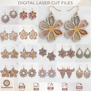 May include: A selection of laser-cut wooden earrings in floral and geometric patterns. The earrings are made with layered wood and feature pastel colours such as pink, yellow, blue, and green. The image also includes the text "DIGITAL LASER CUT FILES".