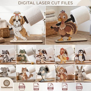 May include: Digital laser cut files for animal-themed toilet paper holders. The image shows a variety of animal designs, including a dog, turkey, raccoon, frog, cow, chicken, penguin, elephant, squirrel, dolphin, monkey, and rabbit, each holding a toilet paper roll.