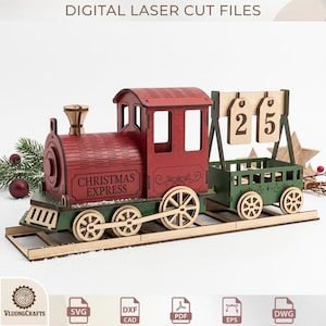 Puede incluir: Un modelo de tren de madera cortado con láser que presenta una locomotora roja con el texto CHRISTMAS EXPRESS, un vagón de carga verde y un letrero colgante que muestra el número 25. El tren se asienta sobre una vía de madera, diseño digital.