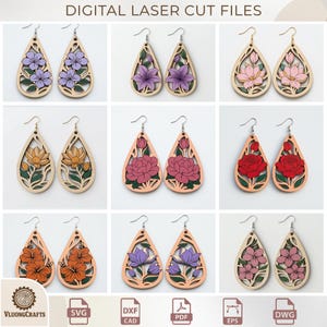 Set di orecchini a goccia floreali tagliati al laser, modello di gioiello in legno (file digitali)