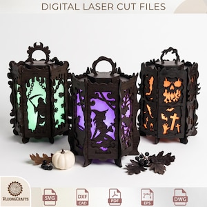 Peut inclure: Trois lanternes en bois brun foncé découpées au laser, de forme hexagonale avec poignées. Les panneaux présentent des découpes de faucheuse, de sorcière et de crâne, éclairées par des lumières verte, violette et orange. Texte : DIGITAL LASER CUT FILES.