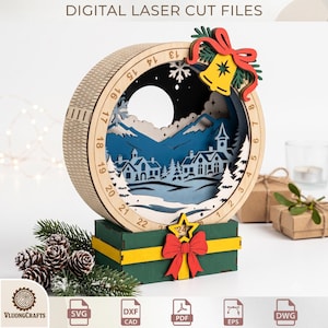 Christmas Countdown Calendar Laser Cut, Winter Village Advent Calendar Template, Snow Globe Light Box