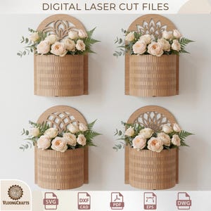 May include: Four wooden wall planters with a laser-cut design, each holding cream-coloured roses and greenery. The planters have an arched top with a decorative pattern. The image includes the text "DIGITAL LASER CUT FILES".