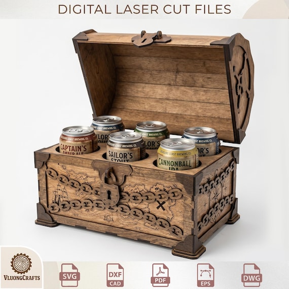 Pirate Treasure Chest Beer Box Laser Cut, DIY Wooden Storage Caddy (Digital Download)