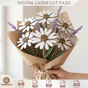 May include: A bouquet of laser-cut wooden daisies with white petals and brown centers, accented with lavender sprigs. The flowers are wrapped in brown paper and tied with twine. The text "DIGITAL LASER CUT FILES" is at the top.
