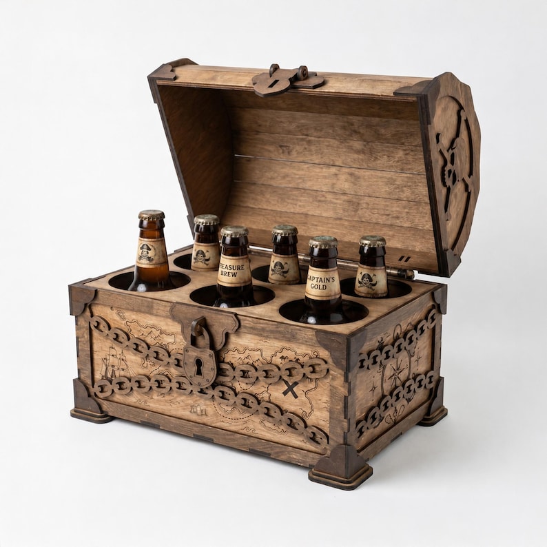 Op de afbeelding: Een houten kist met een open deksel, voorzien van een lasergegraveerd kaartontwerp, kettingdetails en een centraal hangslotmotief. De binnenkant bevat zes glazen flessen met labels Treasure Brew en Captain's Gold in ronde uitsparingen.